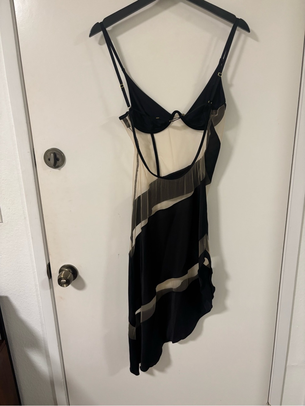 God Save Queens- Sheer Panel Black Slip Dress with Nude Stripes - Picture 2 of 3